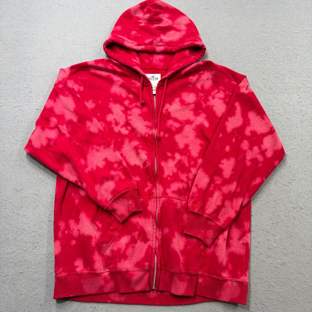Hollister Hoodie Men's Large Red Tie Dye Bleach Wash Fleece Full Zip Sweatshirt